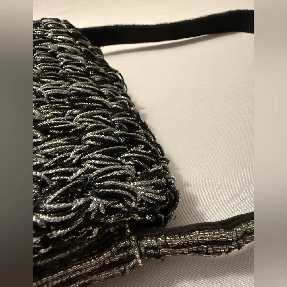 Anthropologie Maeve Fiona Crochet Beaded Bag Black & Silver - Picture 6 of 12